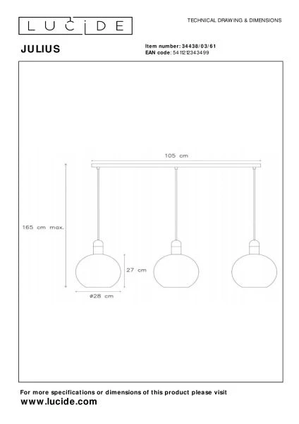 Lucide JULIUS - Hanglamp - 3xE27 - Opaal - technisch